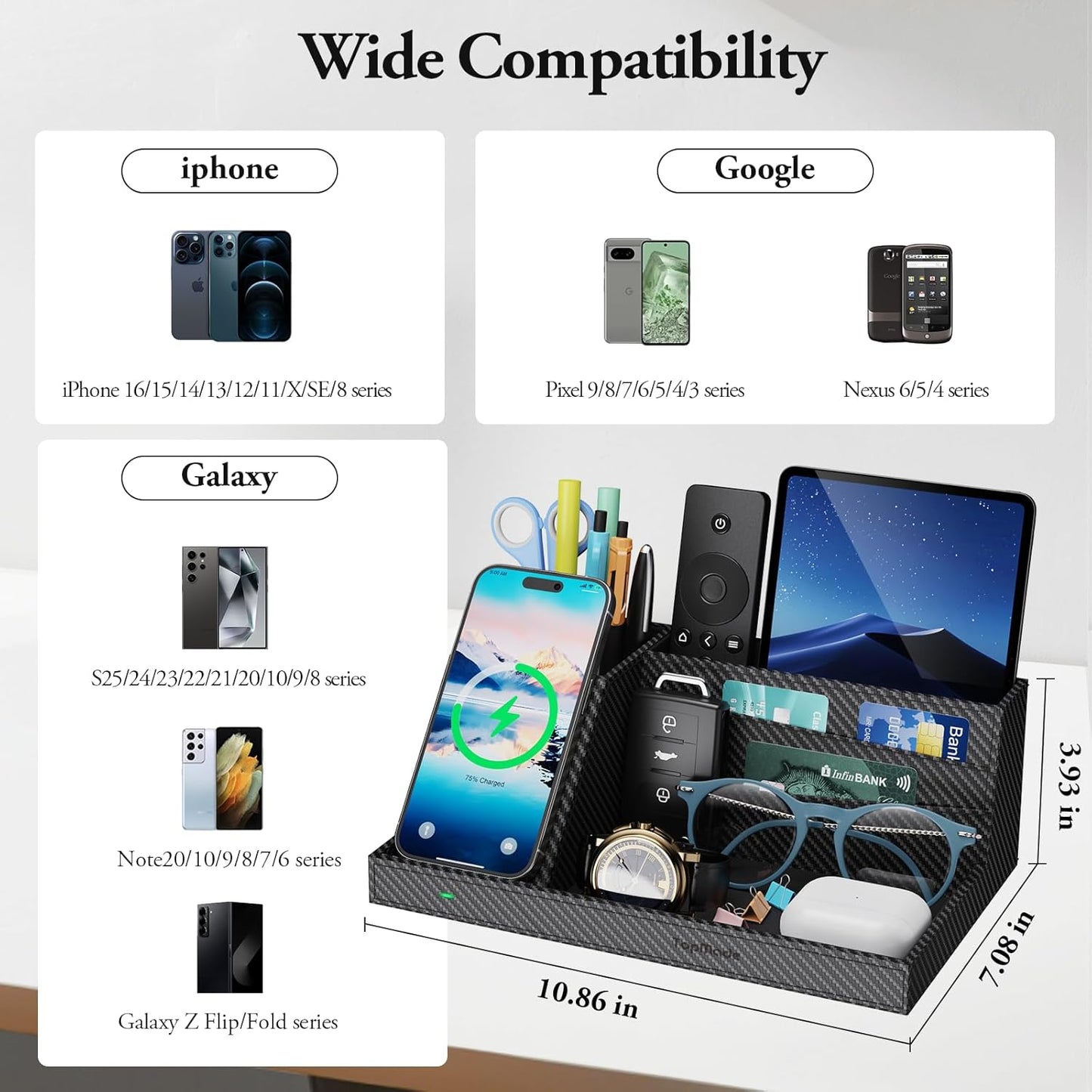 TopMade Wireless Charger Desk Nightstand Organizer, Leather Pen Holder Office Supplies Desk Accessories Fast Charging Station, Remote Control Holder, for iphone Charger Stand Gifts for Men (Black)