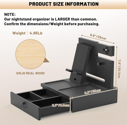 Wood Phone Docking Station with USB Ports and Outlets, Nightstand Organizer with Charging Station, Bedside Organizer with Drawer for Watch & Accessories, Christmas Anniversary Birthday Gifts for Men