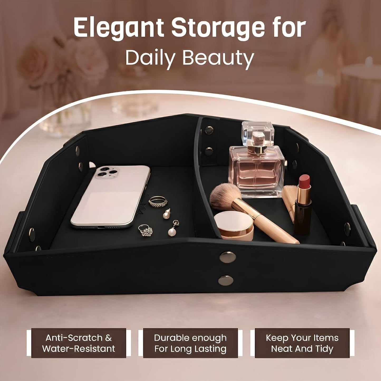 Valet Tray Organizer for Men & Women - PU Leather Catch All Tray with Removable Divider - EDC Storage for Keys, Watch, Phone - Nightstand, Dresser & Desk Organizer - Pacific Navy