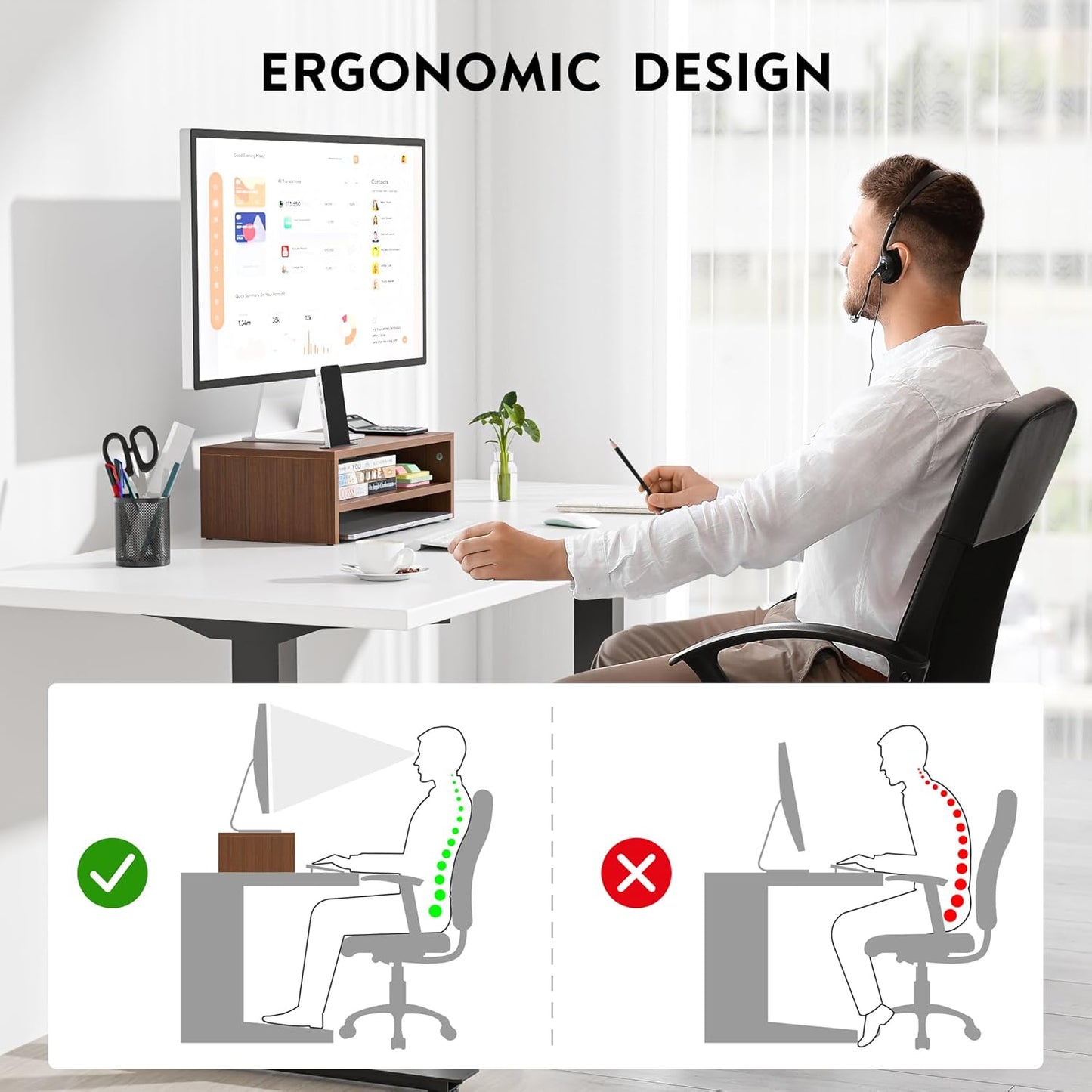 BONTEC Wooden Monitor Stand Riser, 2-Tier Desk Shelf with Storage Organizer, Ergonomic Computer Stand with Cable Management, Cellphone Holder, White, 16.5 Inch