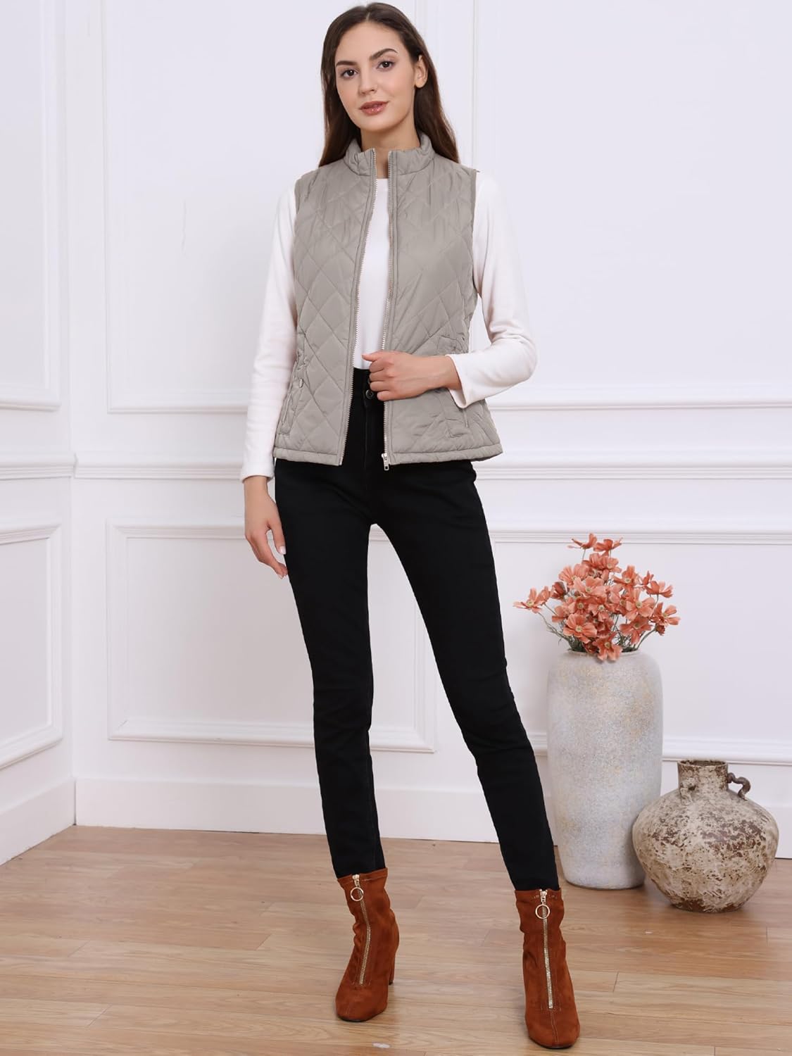 Allegra K Women's Puffer Vest Stand Collar Lightweight Gilet Quilted Zip Vest