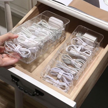 4 Pcs Cable Organizer with 40 Pcs Wire Ties, PlasticCord Storage Box with Clear Lid Electronics Cable Box for Home Office Supplies, Desk Organizers Accessories