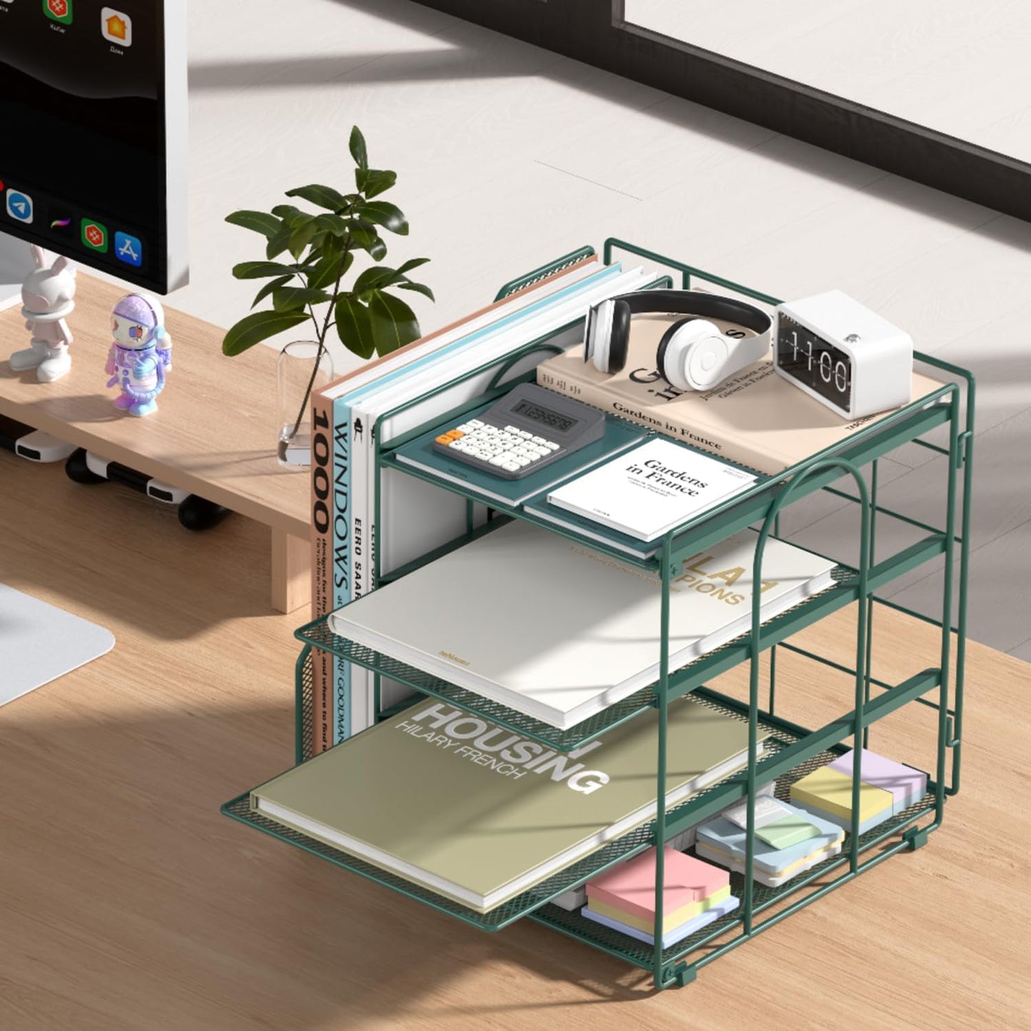 Desk Organizer, 4-Tier Metal File Organizer for Desk with Vertical File Holder, Office Accessories and Desktop Storage for Office Supplies (Black)