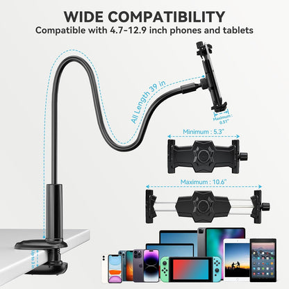 KDD Gooseneck Tablet Stand, 360° Adjustable Phone & iPad Holder for Bed and Desk, Flexible Arm Mount Clip for Video Recording, Bedside & Headboard Clamp for iPad Pro 12.9, Mini, Kindle