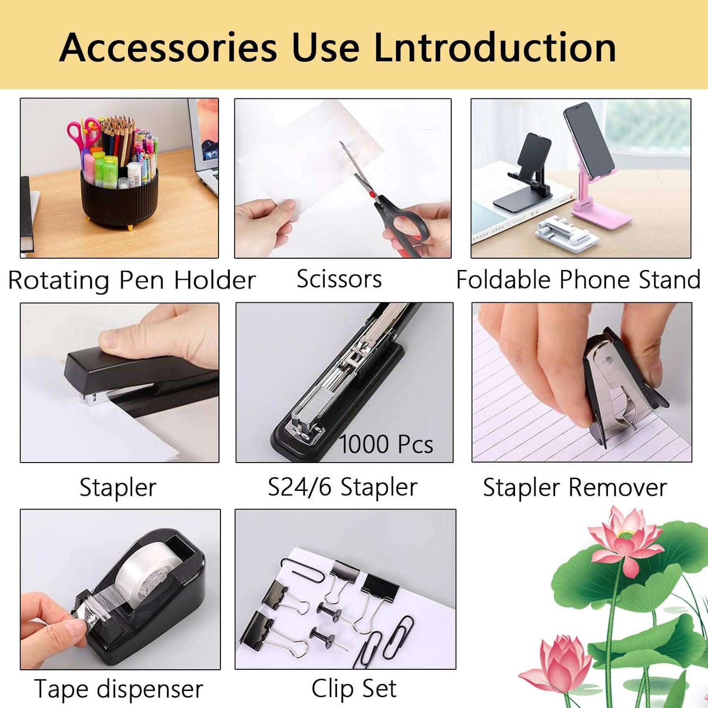 suniya Office Supplies,Gold Desk Accessories,with Stapler,Tape Dispenser,Pen Holder,Scissors,Phone Stand,Staple Remover,Ballpoint Pen,Clear Tape, Staples,Ruler,Clips,Best Gift for Business or Boss