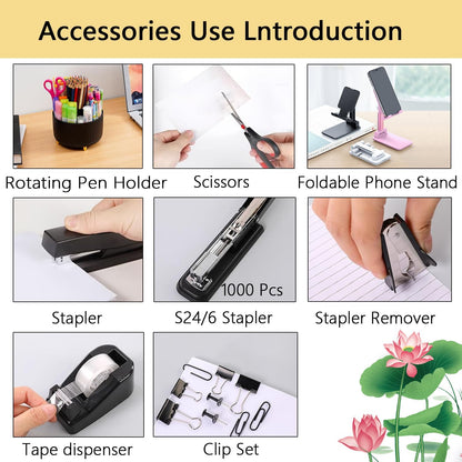 suniya Office Supplies,Gold Desk Accessories,with Stapler,Tape Dispenser,Pen Holder,Scissors,Phone Stand,Staple Remover,Ballpoint Pen,Clear Tape, Staples,Ruler,Clips,Best Gift for Business or Boss