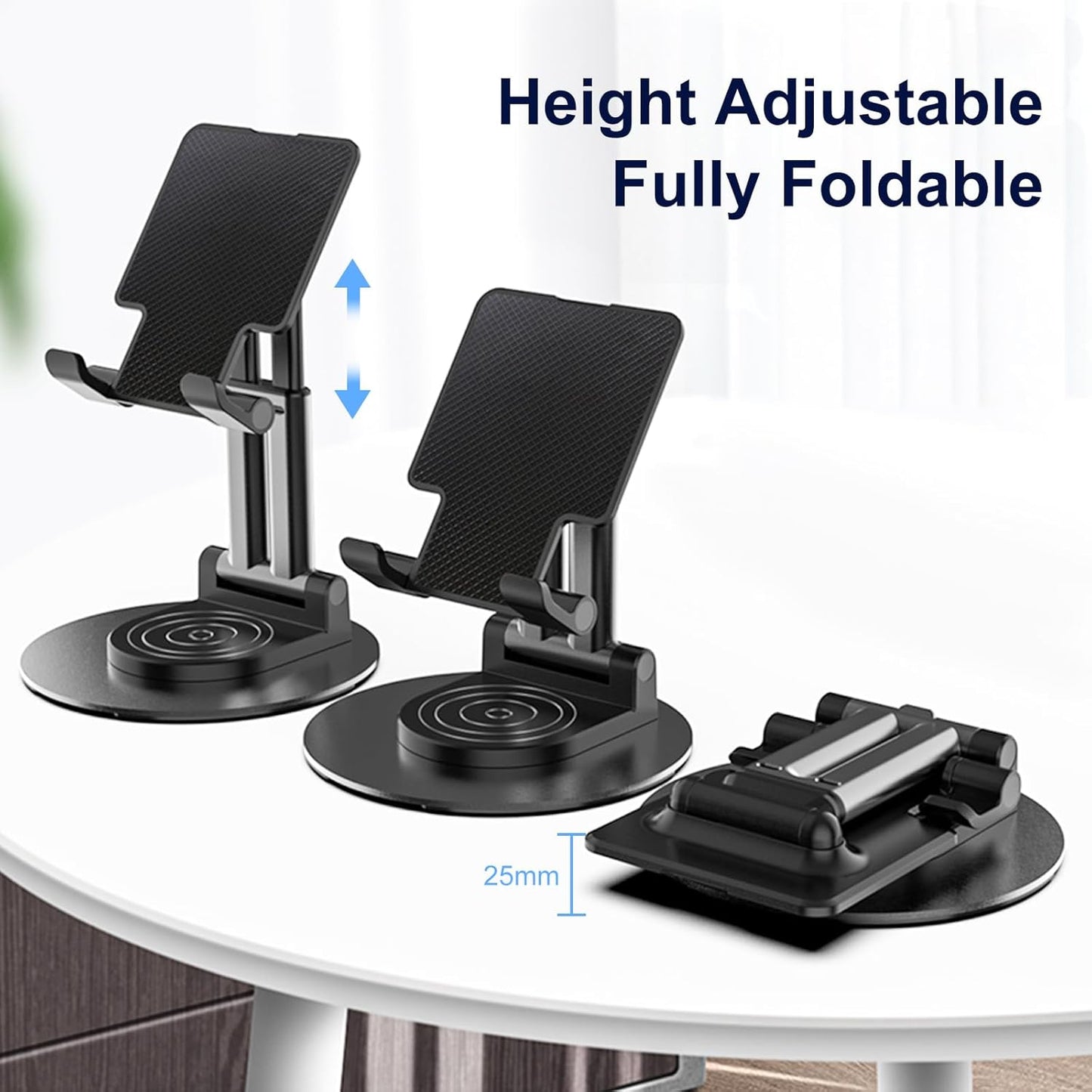 ONCHEER 360°Rotating Phone Holder for Desk, Fully Foldable Cell Phone Stand for Office & Home, Angle & Height Adjustable Tablet Stand for All Smartphones, iPhone, Switch,Tablet 4.6-12.9'', Black