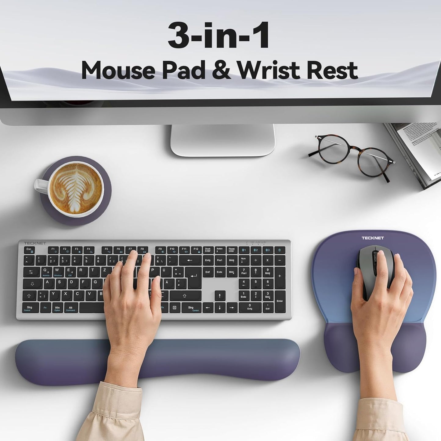 TECKNET Gel Mouse Pad with Wrist Rest, 3 in 1 Keyboard Wrist Rest for Pain Relief, Non-Slip PU Base & Easy Typing, Ergonomic Mousepad Set for Office & Home（Black）