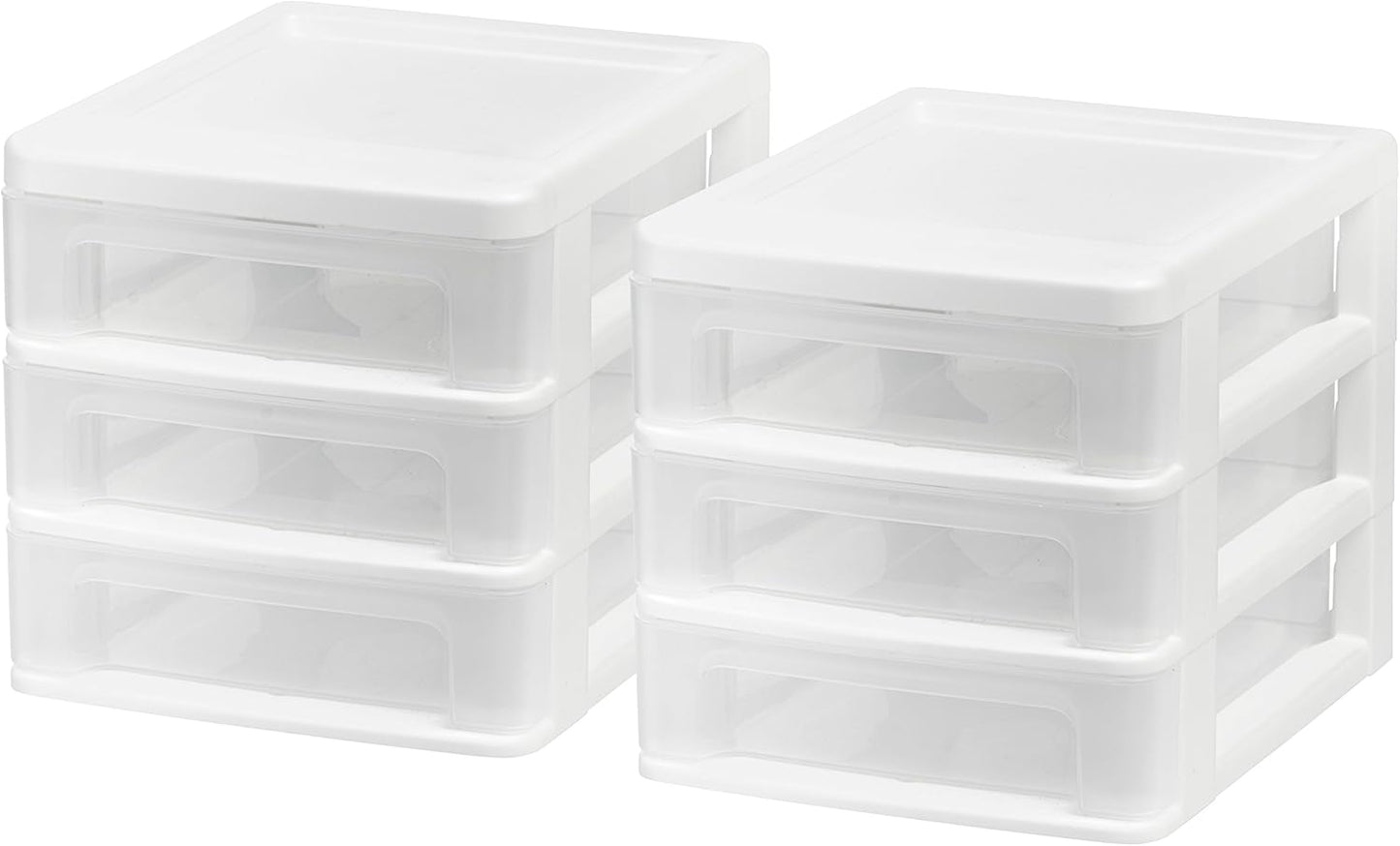 IRIS USA Plastic Stacking Desk Top 3-Drawer Storage Organizer, 2-Pack, for Makeup Vanity Nail Polish Bathroom Stationery Art Craft Supplies Kitchen Office Garage and Small Organization, Small, Black
