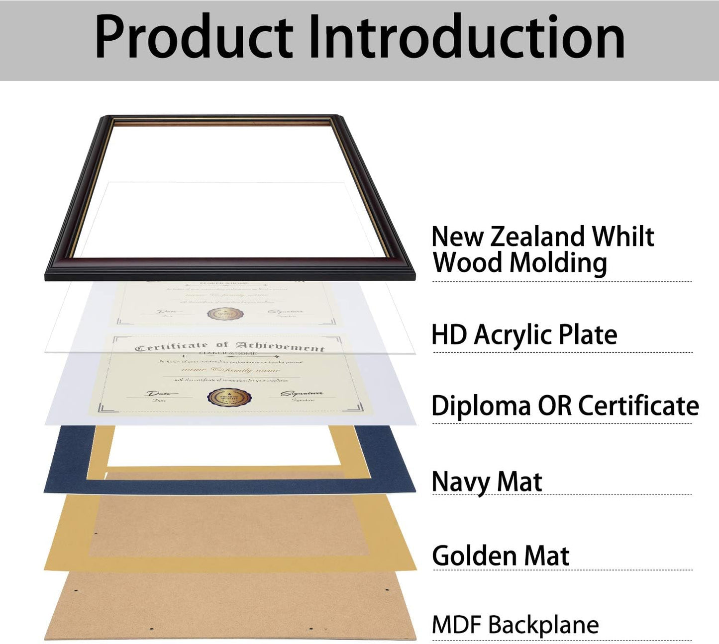 ELSKER&HOME Diploma Frame - Wide Solid Wood Frame - Black Velvet Golden Rim Mat - Semi-Tempered Glass - Includes Hanging Hardware and Desktop Easel(ONLY Display 11×14 Document/Certificate)