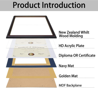 ELSKER&HOME Diploma Frame - Wide Solid Wood Frame - Black Velvet Golden Rim Mat - Semi-Tempered Glass - Includes Hanging Hardware and Desktop Easel(ONLY Display 11×14 Document/Certificate)