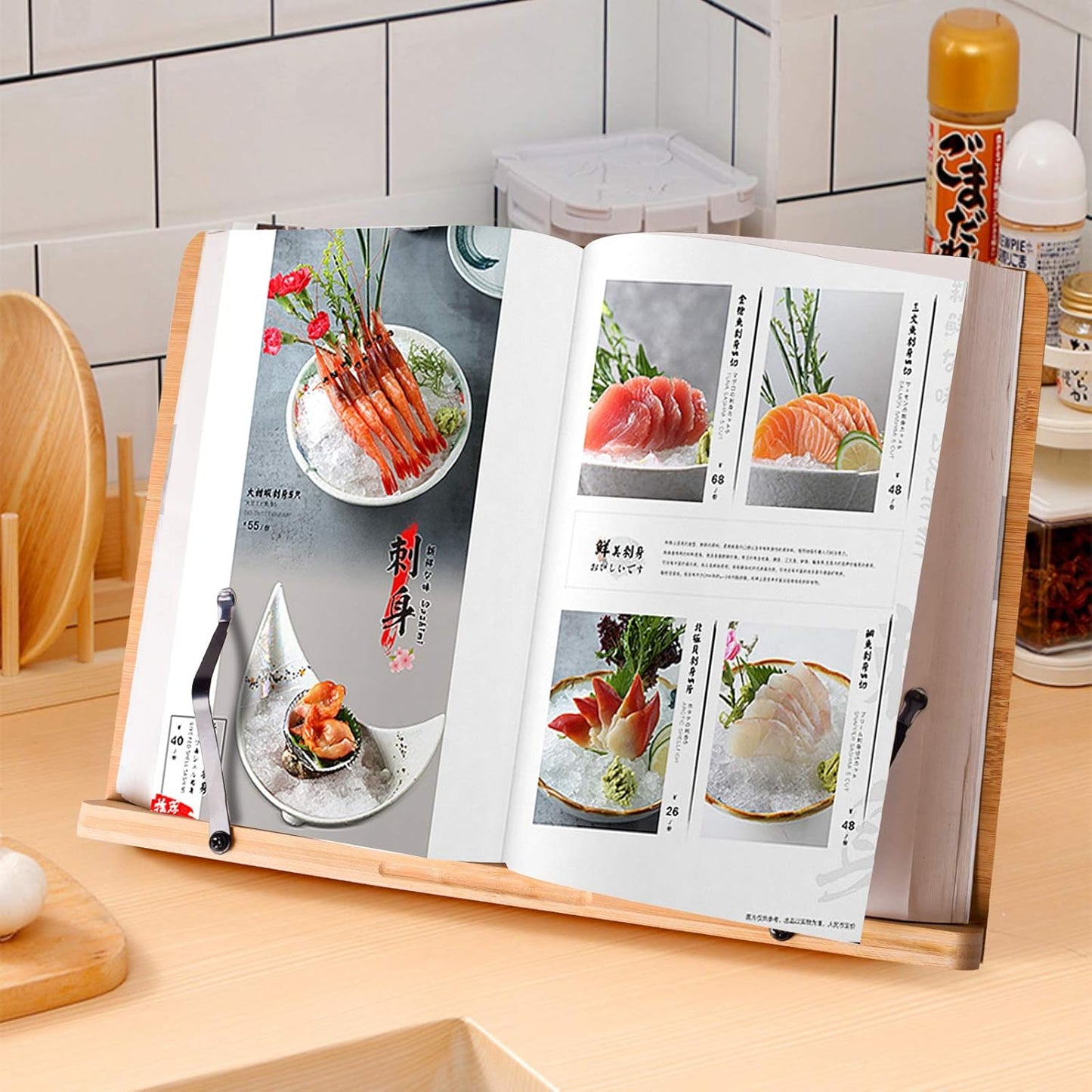wishacc Bamboo Book Stand, Adjustable Book Holder Tray and Page Paper Clips-Cookbook Reading Desk Portable Stable Hard-Wearing Lightweight Bookstand-Textbooks Books