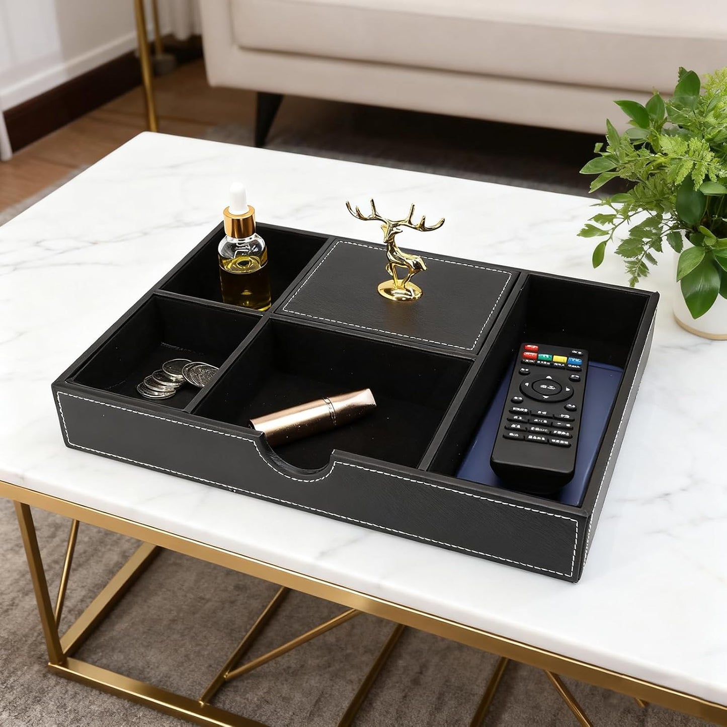 Jewelry Trays Nightstand Organizer, Valet Tray for Men and Women, Dressing Table Storage Box, Dark Brown Faux Leather, 5 Compartment