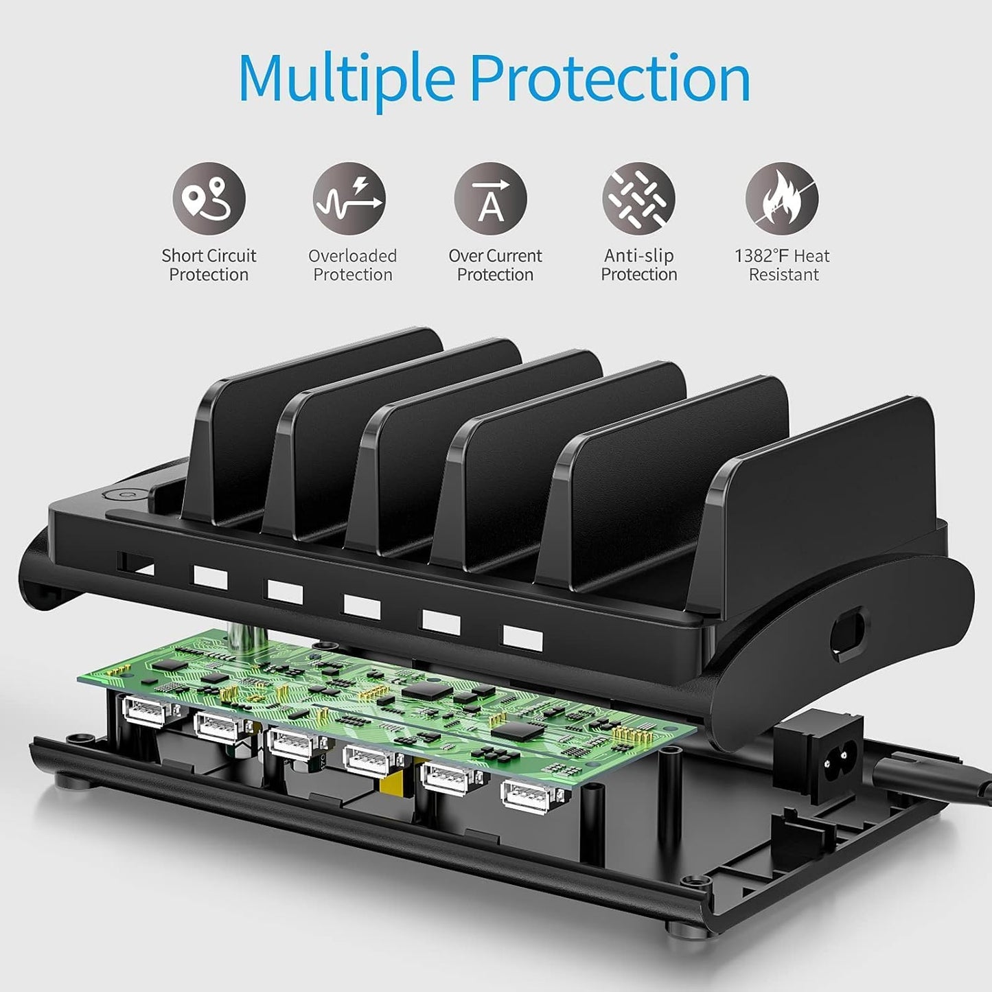 Charging Station for Multiple Devices, Bototek 60W 6 Ports Multi Charger Station for iPhone, iPad, Cell Phone, Tablets, and Other Electronics (6 Ports-Black)