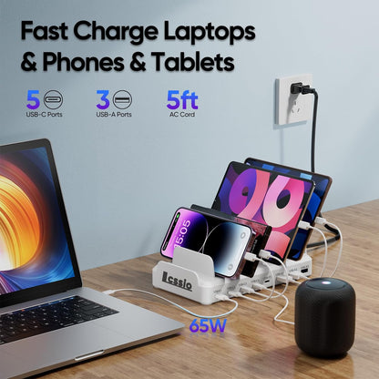 300W Charging Station for Multiple Devices, 8 Port Multi USB C Fast Charger Station Dock for MacBook iPhone 17/16/15/14/13/12 Samsung Pixel Series iPad, Black (6 Mixed Short Cables Included)