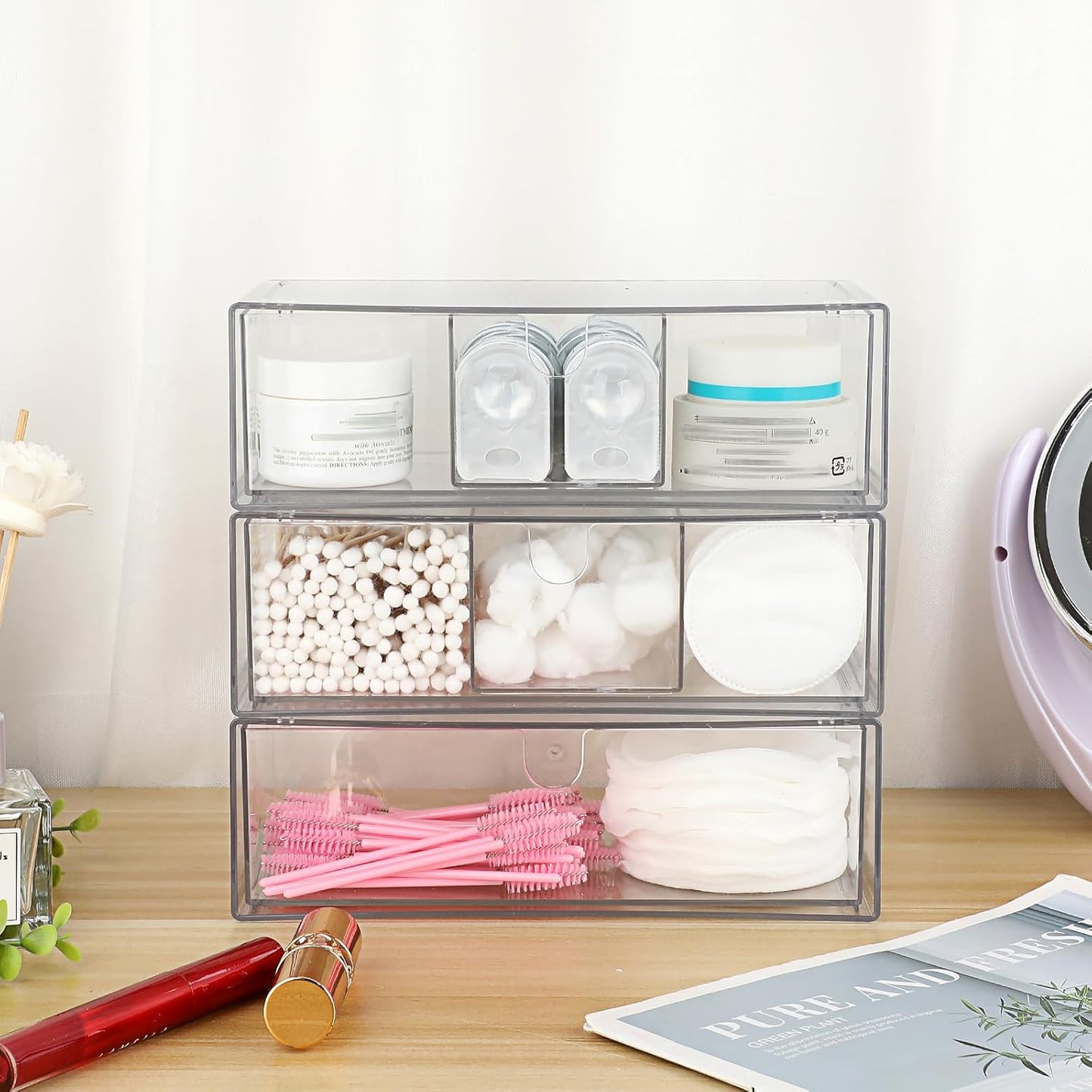 Hipiwe Acrylic Storage Drawers 3-Tier Stackable Bathroom Makeup Organizer Cotton Swabs Qtip Holder for Vanity Cosmetics Clear Desktop Organizer with Removable Dividers, 8.1"Lx 3.9"Wx7.8"H