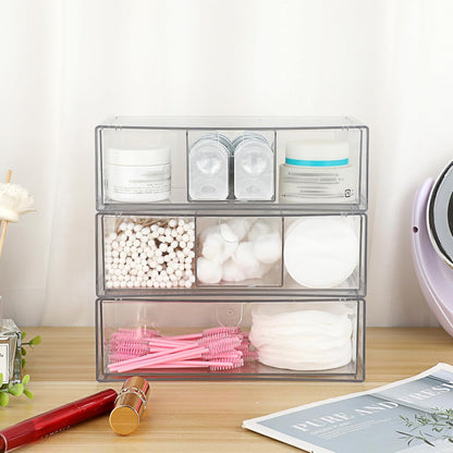 Hipiwe Acrylic Storage Drawers 3-Tier Stackable Bathroom Makeup Organizer Cotton Swabs Qtip Holder for Vanity Cosmetics Clear Desktop Organizer with Removable Dividers, 8.1"Lx 3.9"Wx7.8"H