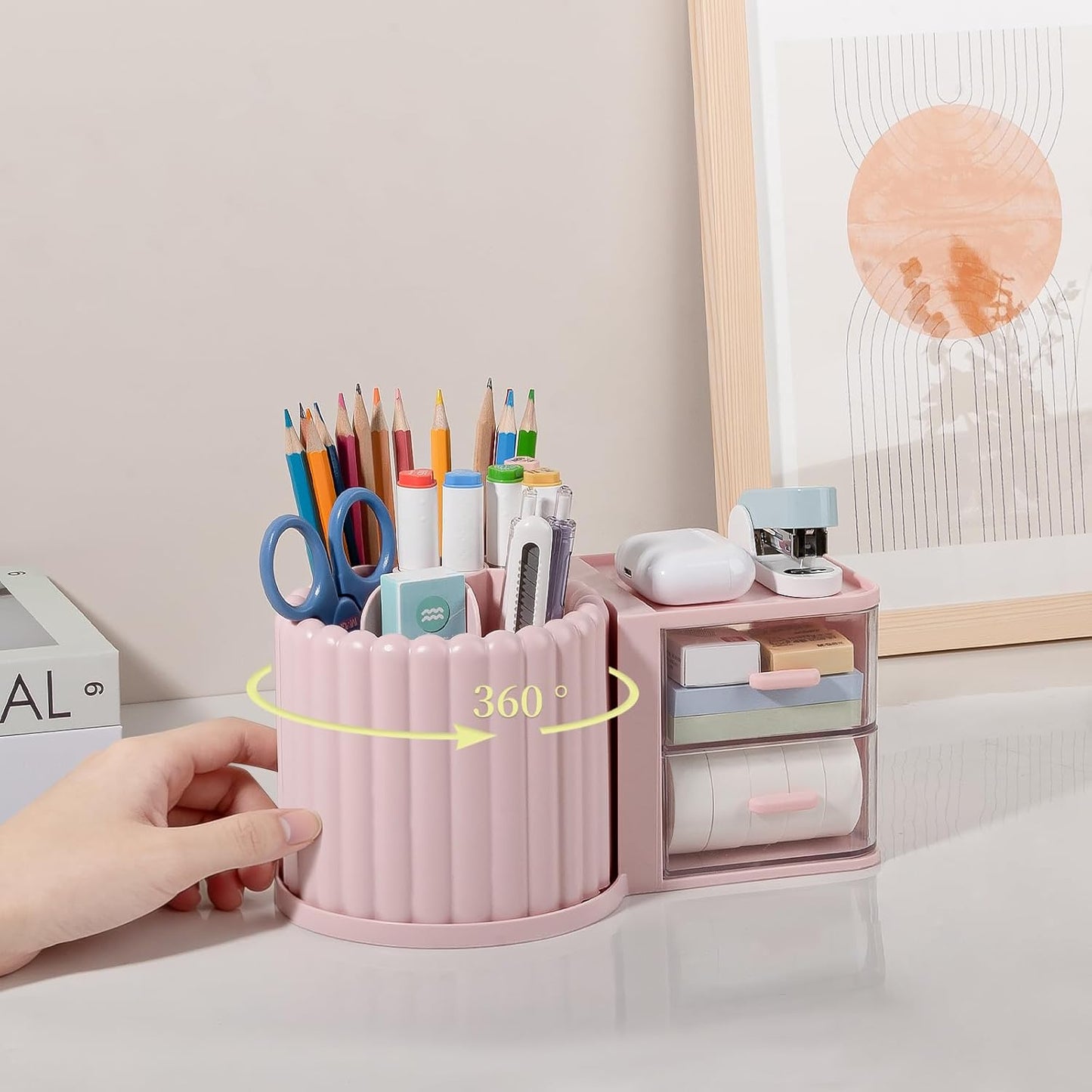 Anyoifax 360° Rotating Pen Holder 7 Slots Desk Organizer Removable Pencil Cup Plastic Art Supplies and Accessories Desktop Storage Box Caddy for Office, School, Home (White)