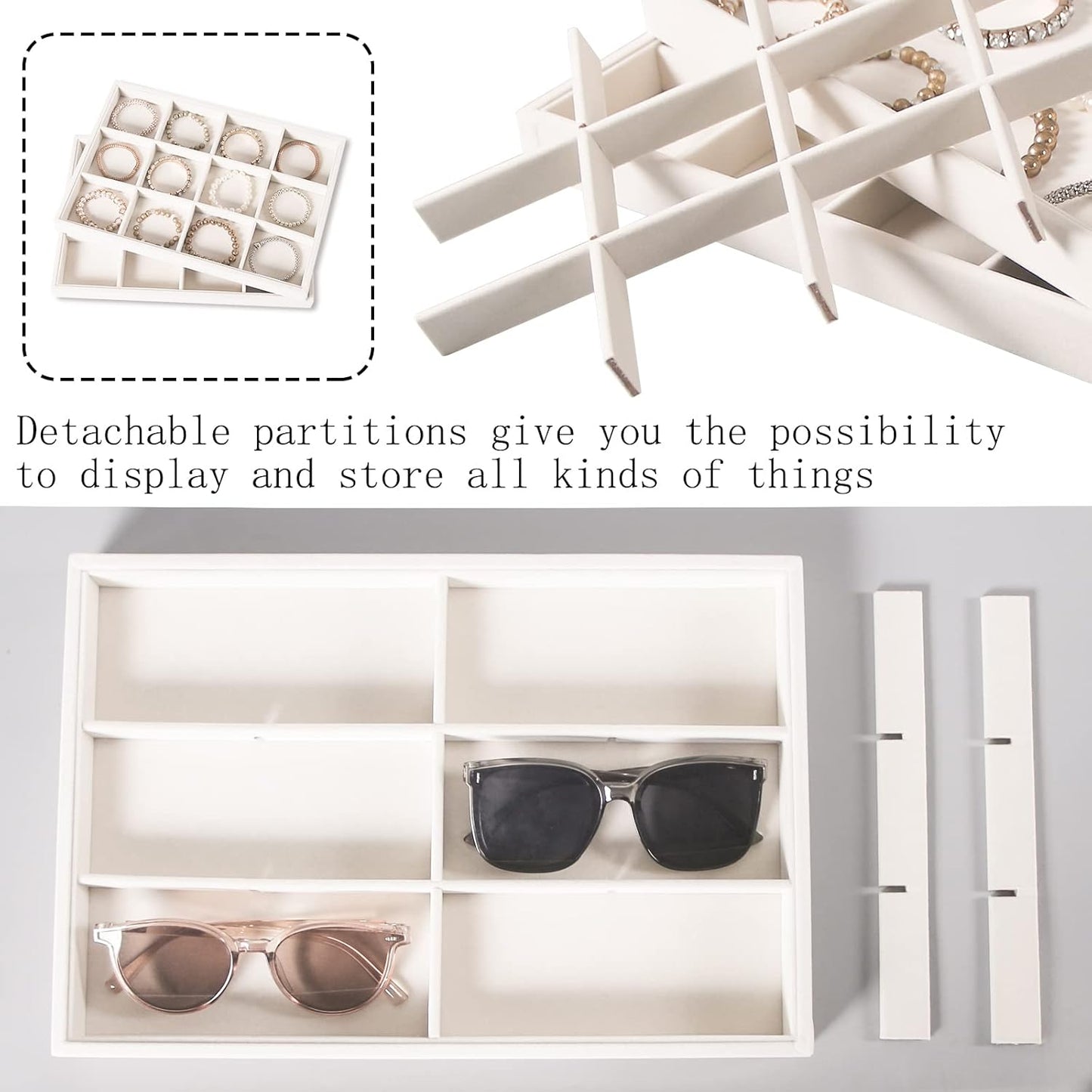 Coward Stackable Jewelry Trays Organizer Set with Clear Lid, Trays for Drawer, Earring Necklace Bracelet Ring Display Organizer (beige(ring+12girds+30girds+The glass lid))