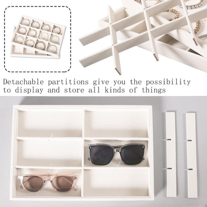 Coward Stackable Jewelry Trays Organizer Set with Clear Lid, Trays for Drawer, Earring Necklace Bracelet Ring Display Organizer (beige(ring+12girds+30girds+The glass lid))