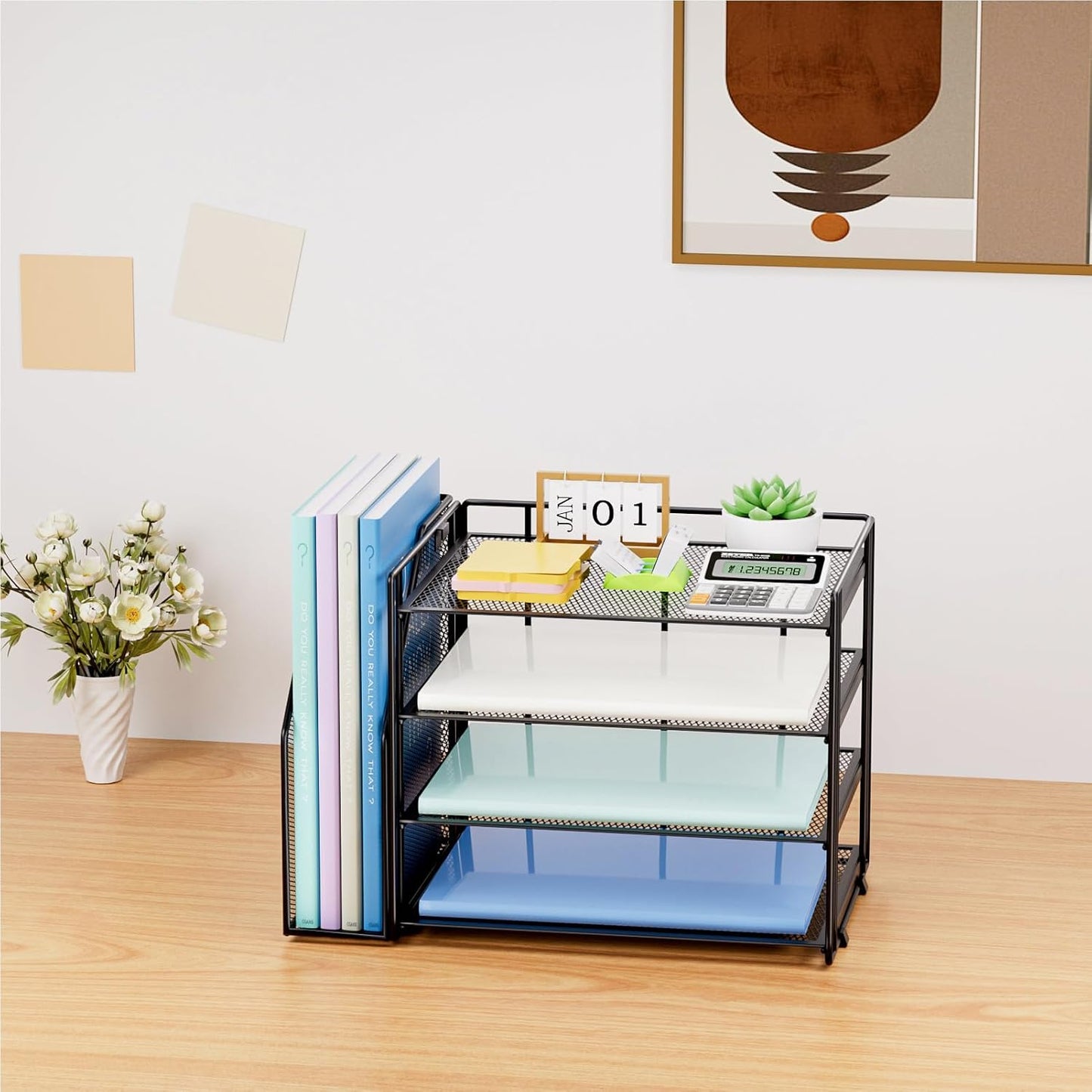 Marbrasse Desk Organizer and Accessories，4-Tier Paper Letter Tray Organizer with File Holder，Desk Accessories & Workspace Desktop Organizers for School Home Office Supplies (Blue)