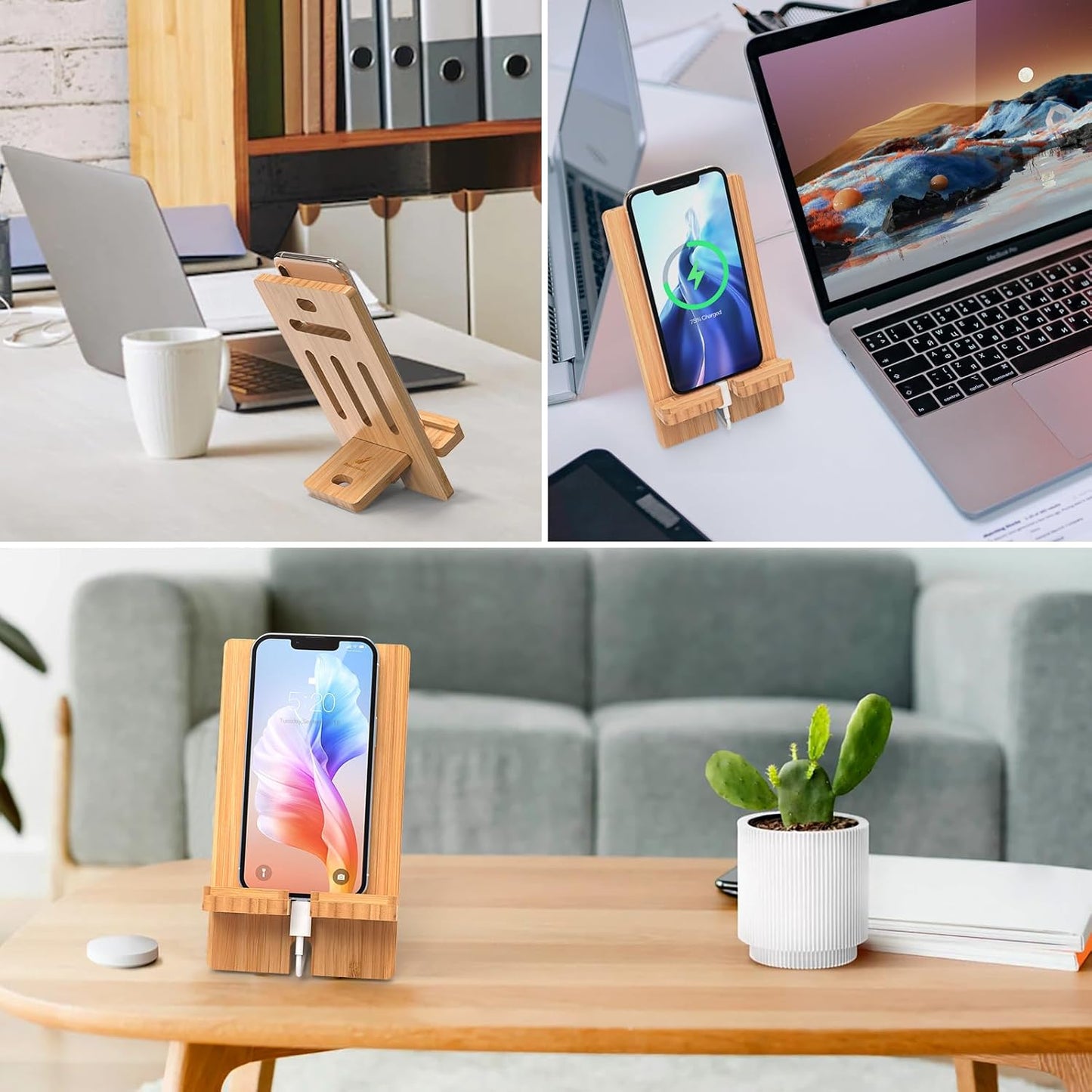 Pezin & Hulin Cell Phone Tablet Stand, Bamboo Wooden Smart Phone Desktop Charging Dock Holder Compatible with Pad, 8 Plus X XS Max XR, All Android Cellphone, Tablet - 1 Pack