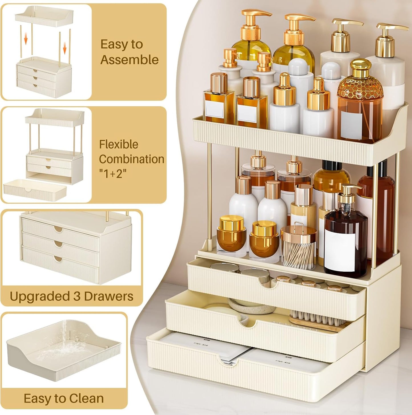 caktraie 12.2" W Makeup Organizer Drawers - 5 Tiers Bathroom Counter Organizer, Cosmetic Storage Drawer for Dresser Countertop and Bathroom Vanity for Large Skincare, Perfume, Clear