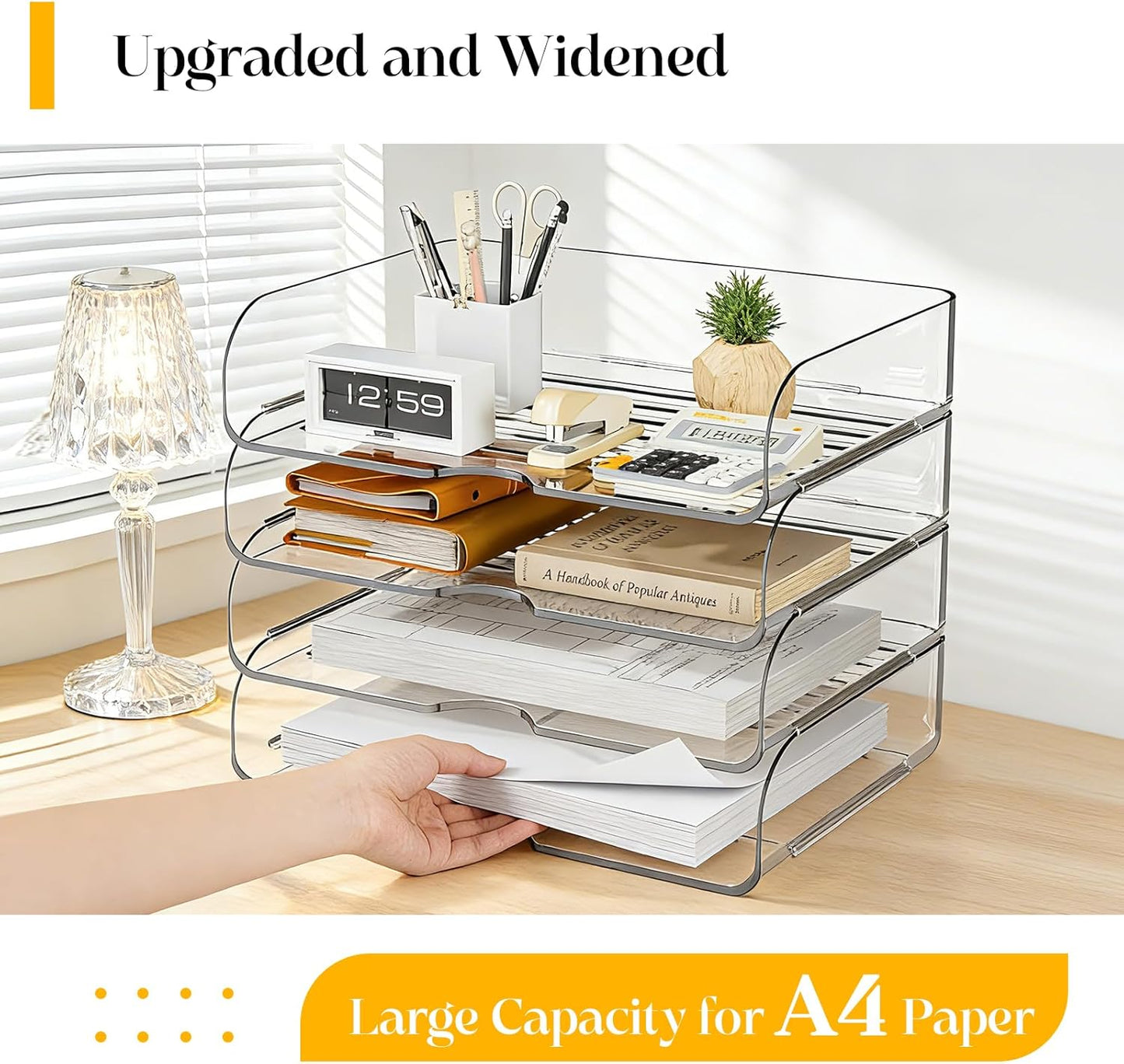 HIYOHIYO Office Acrylic Clear A4 Paper Organizer for Desk, Stackable Office Desk Paper Organizer, Large Capacity Desktop Papers Tray Holder, Organizer for A4 File Folder, 4 Tier Vertical Style