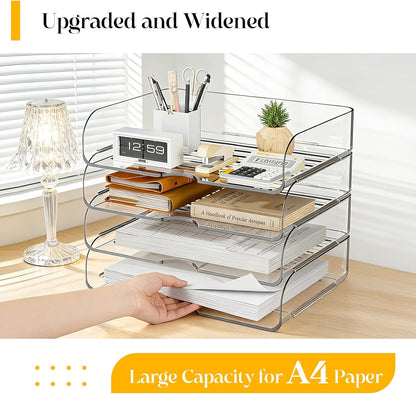 HIYOHIYO Office Acrylic Clear A4 Paper Organizer for Desk, Stackable Office Desk Paper Organizer, Large Capacity Desktop Papers Tray Holder, Organizer for A4 File Folder, 4 Tier Vertical Style