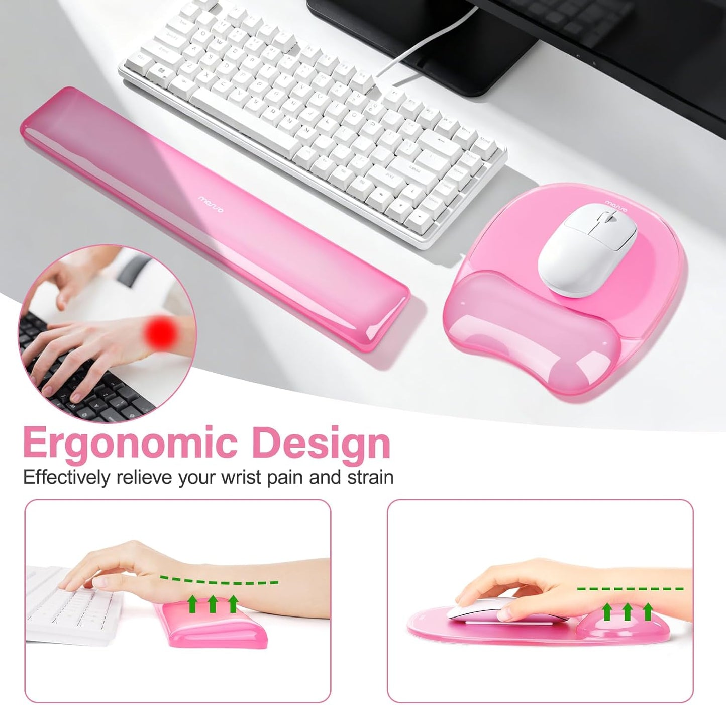 MOSISO Gel Wrist Rest Support for Mouse Pad&Keyboard Set, Irregular Oval Ergonomic Mousepad Keyboard Pad Non-Slip Base Home/Office Pain Relief&Cooling Gel Easy Typing Pad for Computer Laptop, Pink