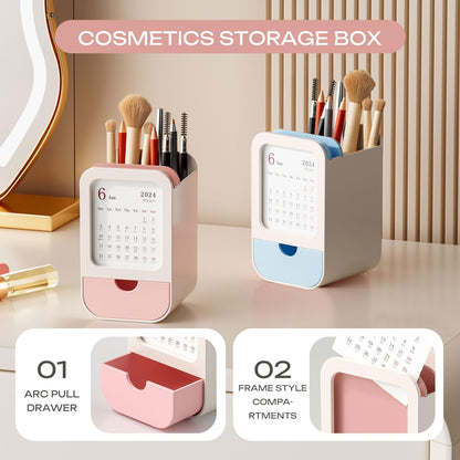 Upgraded Pen Holder with Built-in Calendar - Modern Desk Organizer for Office, School, Home, Premium Silicone Design with Chic Aesthetic, Multi-Functional Stationery & Makeup Storage - Blue