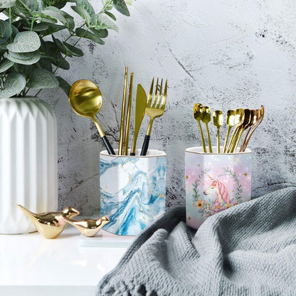 WAVEYU Ceramic Pen Holder for Desk Cute, Pencil Cup Pot Desk Organizer, Makeup Brush Holder for Women, Men, Kids, Desk Marble Decor for Office, Classroom, Home, Gray Golden