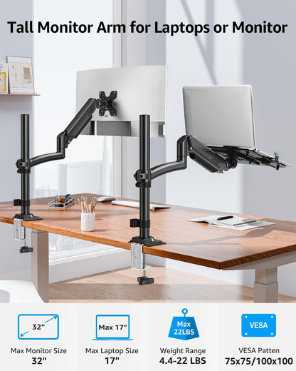 MOUNTUP Laptop Stand for Desk, Adjustable Aluminum Laptops Arm Mount for 14-17 Inch Notebook & 32" Monitor, Laptops Arm for Desk Support for 2.2-19.8lbs, 2-in-1 Laptop Desk Mount with Clamp/Grommet