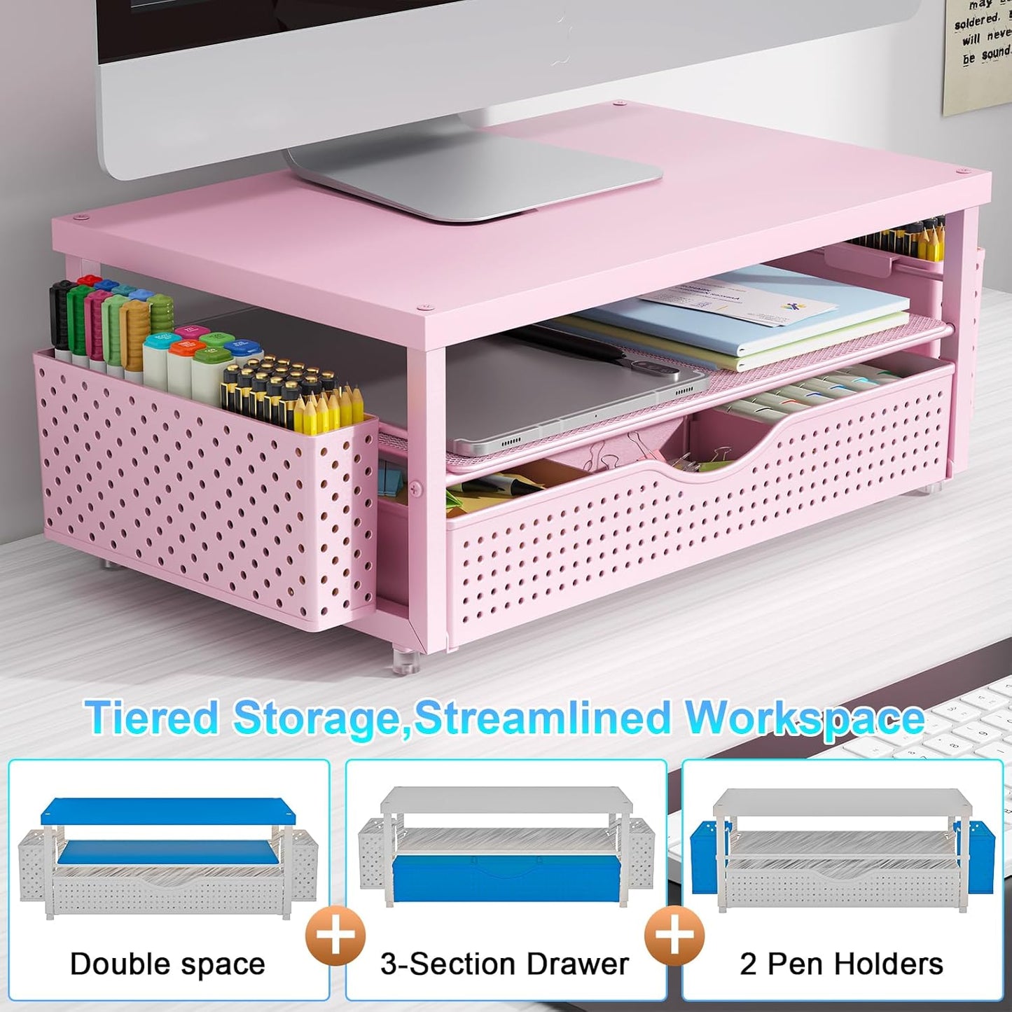 gianotter Wood Monitor Stand Riser, Office Desk Shelf Organizer, Desk Organizer with Drawer and Pen Holder, 2-Tier Computer Stand, Office Organization (Ink)