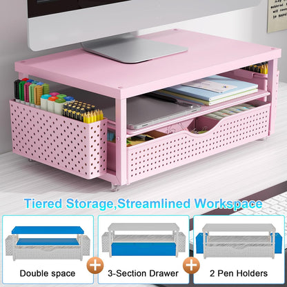 gianotter Wood Monitor Stand Riser, Office Desk Shelf Organizer, Desk Organizer with Drawer and Pen Holder, 2-Tier Computer Stand, Office Organization (Ink)