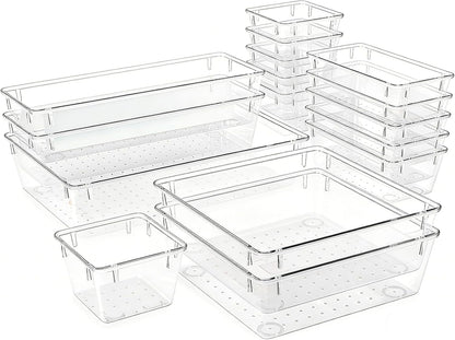 Clear Acrylic Drawer Organizer Trays, 5 Size Junk Box Organization Small Storage Container Bin for Desk Makeup Bathroom Vanity Kitchen Tool Make Up Workspace Home Dorm Apartment Office Room Nightstand