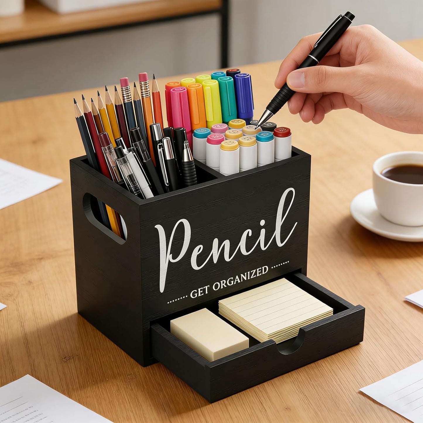 Pen Holder for Desk, Wood Pencil Organizer with Drawer, Marker Holder with 2 Compartments, Pencil Cup for Home, Office, Classroom, Teacher Supplies (White)