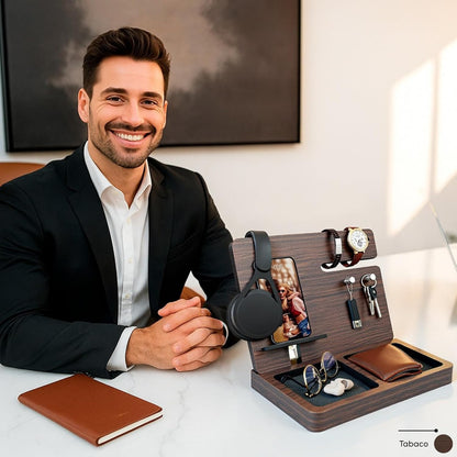 Namore Nightstand Organizer for Men – Wood Phone Docking Station & Bedside Valet Tray Organizer for Wallet, Watch & Keys – Unique Gifts for Men, Husband, Dad