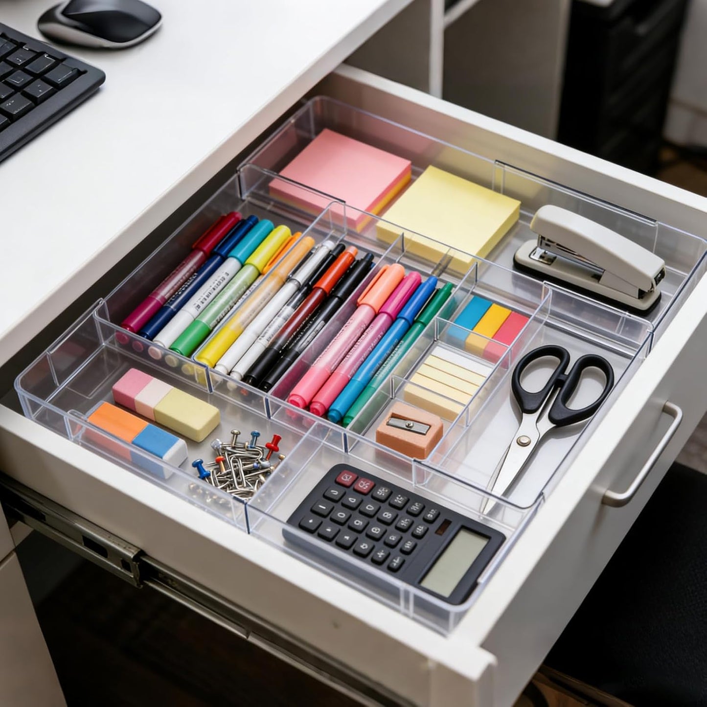 Expandable Desk Drawer Organizer, Expandable Storage Tray with Adjustable Compartments - Customizable Desk Organizer for Makeup, Utensils, Office Supplies, Junk Drawer & Bathroom