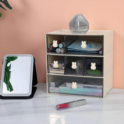 Desktop Storage Drawers, Plastic Desk Organizer with 3 Drawers, Modular Stackable Toolbox Units for Office Stationary, Makeup Container, Bathroom Countertop (1 Tall Layer, Cream & Clear)