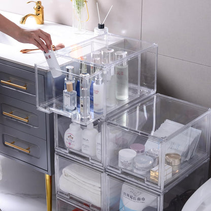 DILIBRA 2 Packs Large Stackable Storage Drawers, Plastic Clear Bathroom Make up Under Sink Drawer Organizers, Acrylic Bathroom Storage Bins for Cabinet Closet Office Kitchen Pantry Snacks Organization