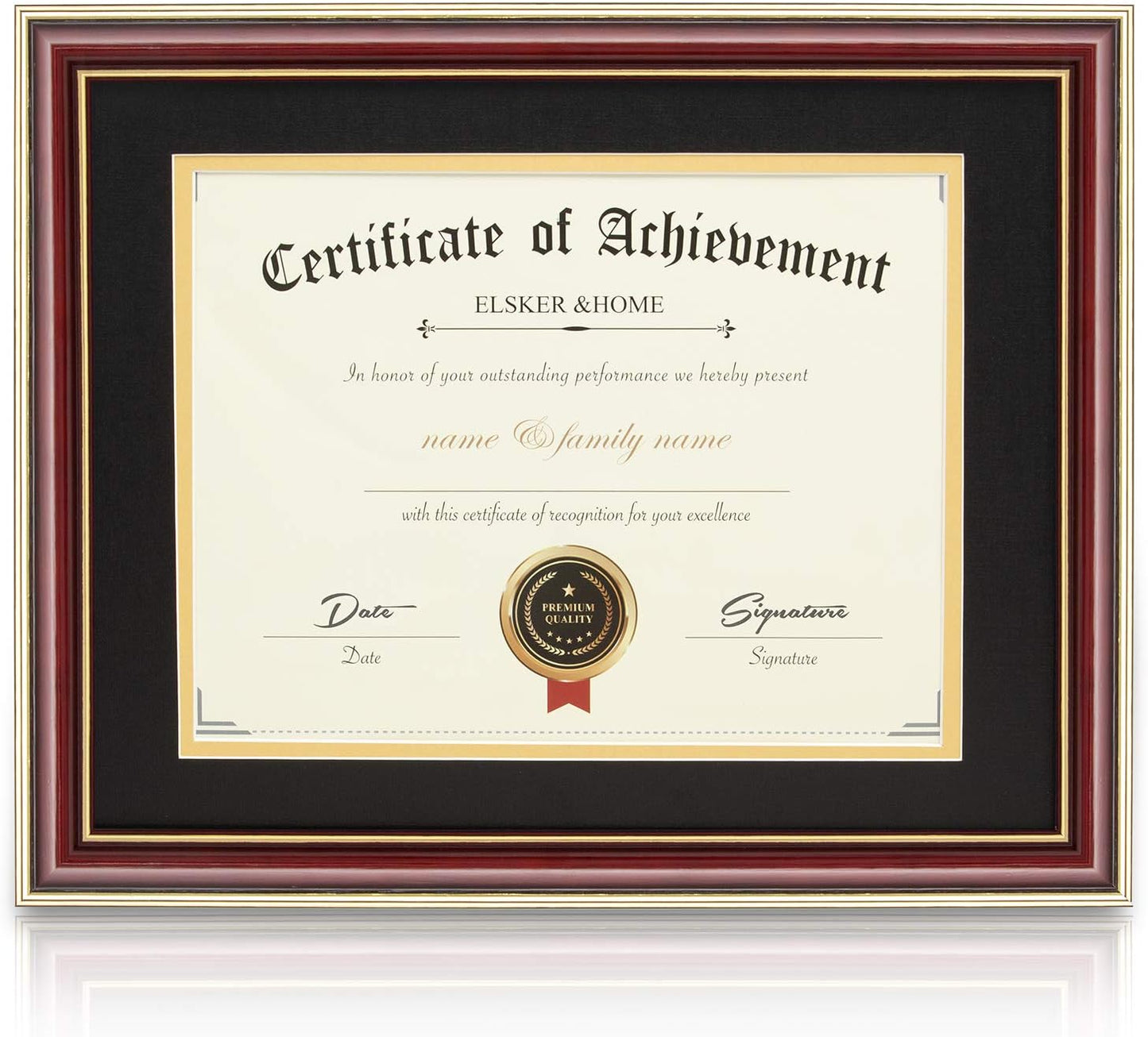 ELSKER&HOME Diploma Frame - Wide Solid Wood Frame - Black Velvet Golden Rim Mat - Semi-Tempered Glass - Includes Hanging Hardware and Desktop Easel(ONLY Display 11×14 Document/Certificate)