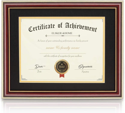 ELSKER&HOME Diploma Frame - Wide Solid Wood Frame - Black Velvet Golden Rim Mat - Semi-Tempered Glass - Includes Hanging Hardware and Desktop Easel(ONLY Display 11×14 Document/Certificate)