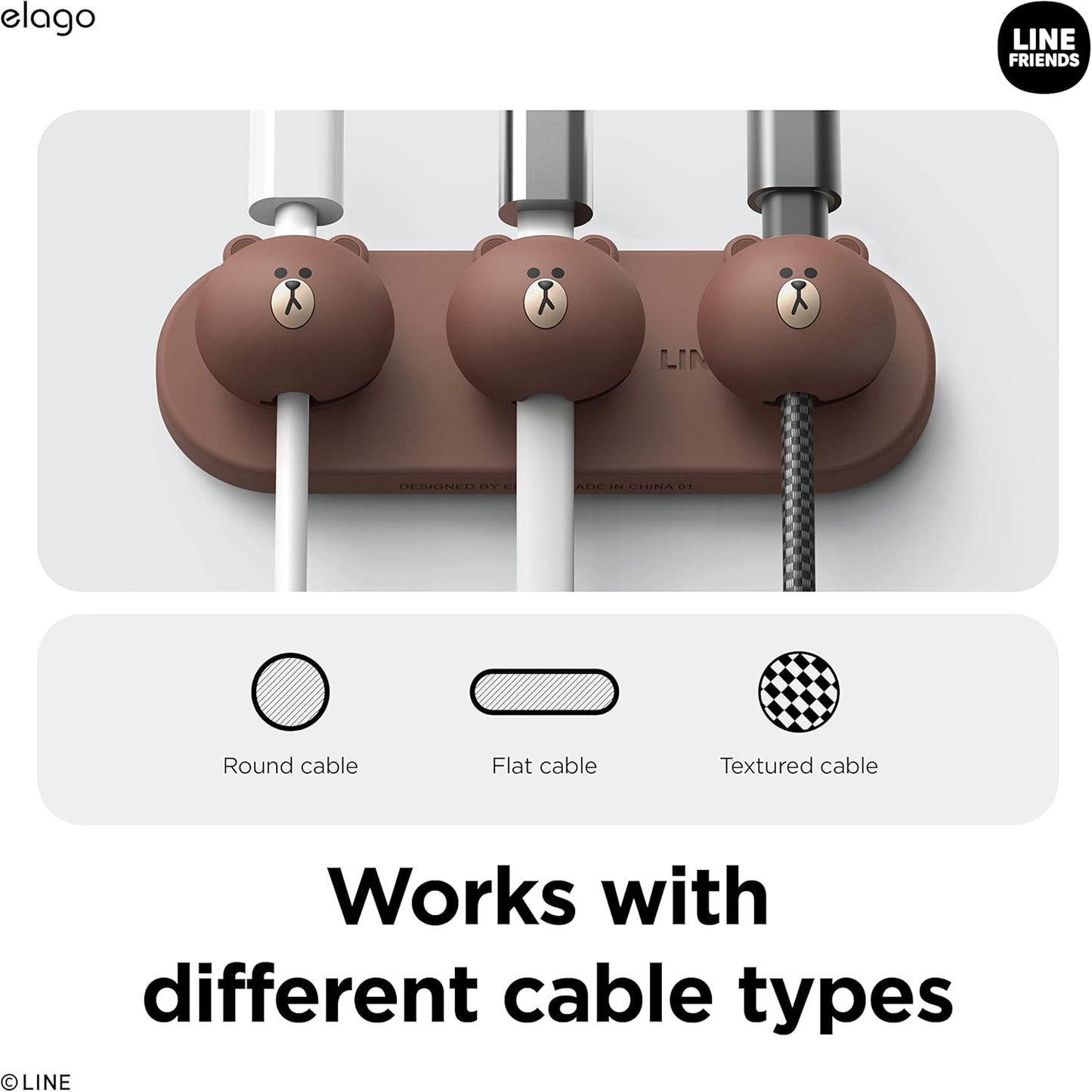 elago | LINE Friends Magnetic Cable Management Buttons, Organize 3 Cables, Powerful Magnets, Reusable Sticker Attaches to Surface, Desk Organization (Brown)