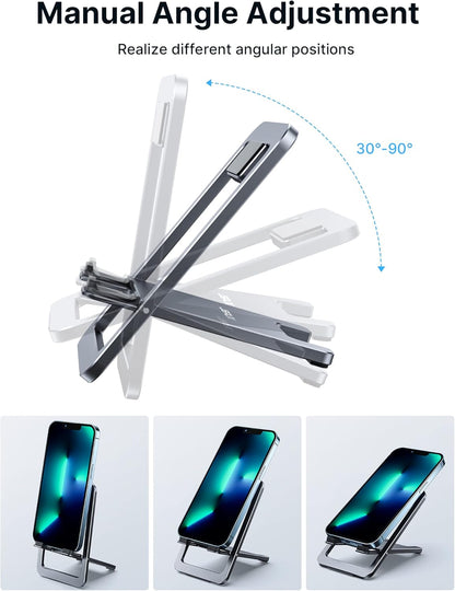 JSAUX Cell Phone Stand, Foldable Aluminum Adjustable Phone Holder for Desk Portable Travel Essentials Office Accessories for iPhone 17 16 15 14 13 Pro Max Samsung S25 S24 S23 Ultra Kindle-Gray
