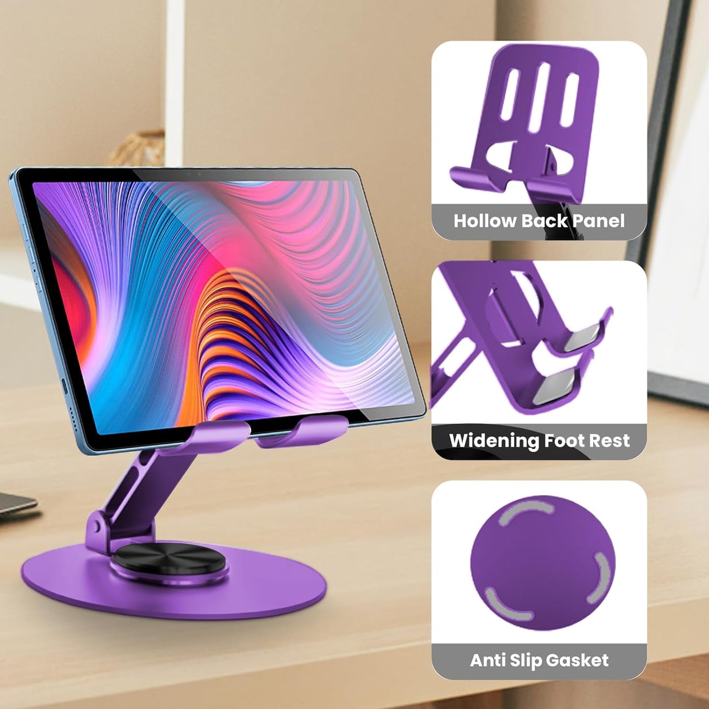 Universal Metal Cell Phone Stand, Multi-Angel Adjustable 360° Rotation Non-Slip Metal Phone Stand Compatible with iPhone 17 16 Pro Max and All Smartphones (Purple)