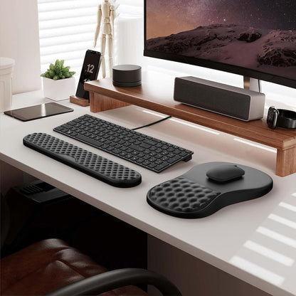HAOCOO Keyboard Wrist Rest, Ergonomic Mouse Pad with Wrist Rest, 3 in 1 Keyboard and Mouse pad with Coaster Set, Memory Foam Wrist Support, Non-Slip PU Base for Home Office, Rose Gold Pink