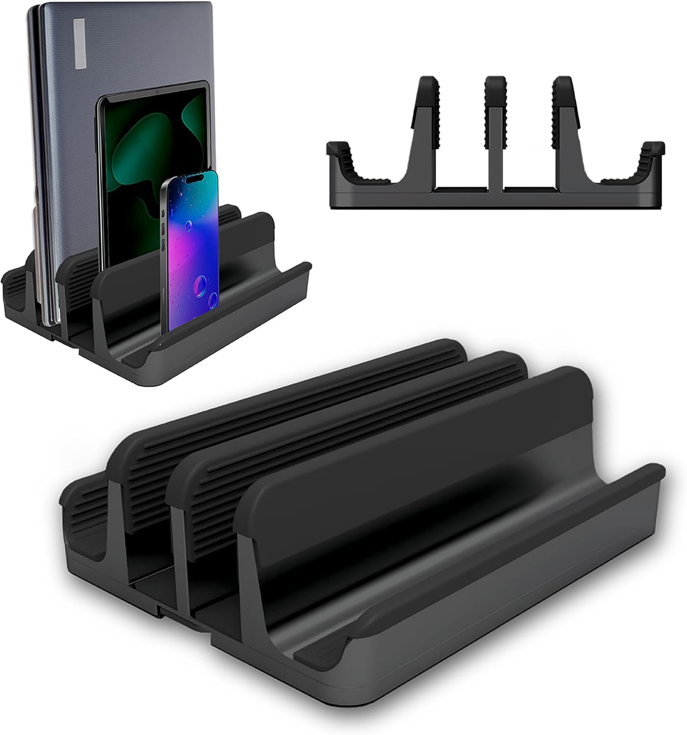 Elestoria 5- Slot Vertical Laptop Stand - Aluminum Laptop Stand Vertical for Desk - Fits MacBook Pro/Air, Surface, Mobiles & Gaming Laptops up to 17.3" - Heavy Duty Laptop Holder for Desk - (Black)