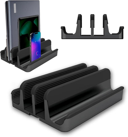 Elestoria 5- Slot Vertical Laptop Stand - Aluminum Laptop Stand Vertical for Desk - Fits MacBook Pro/Air, Surface, Mobiles & Gaming Laptops up to 17.3" - Heavy Duty Laptop Holder for Desk - (Black)