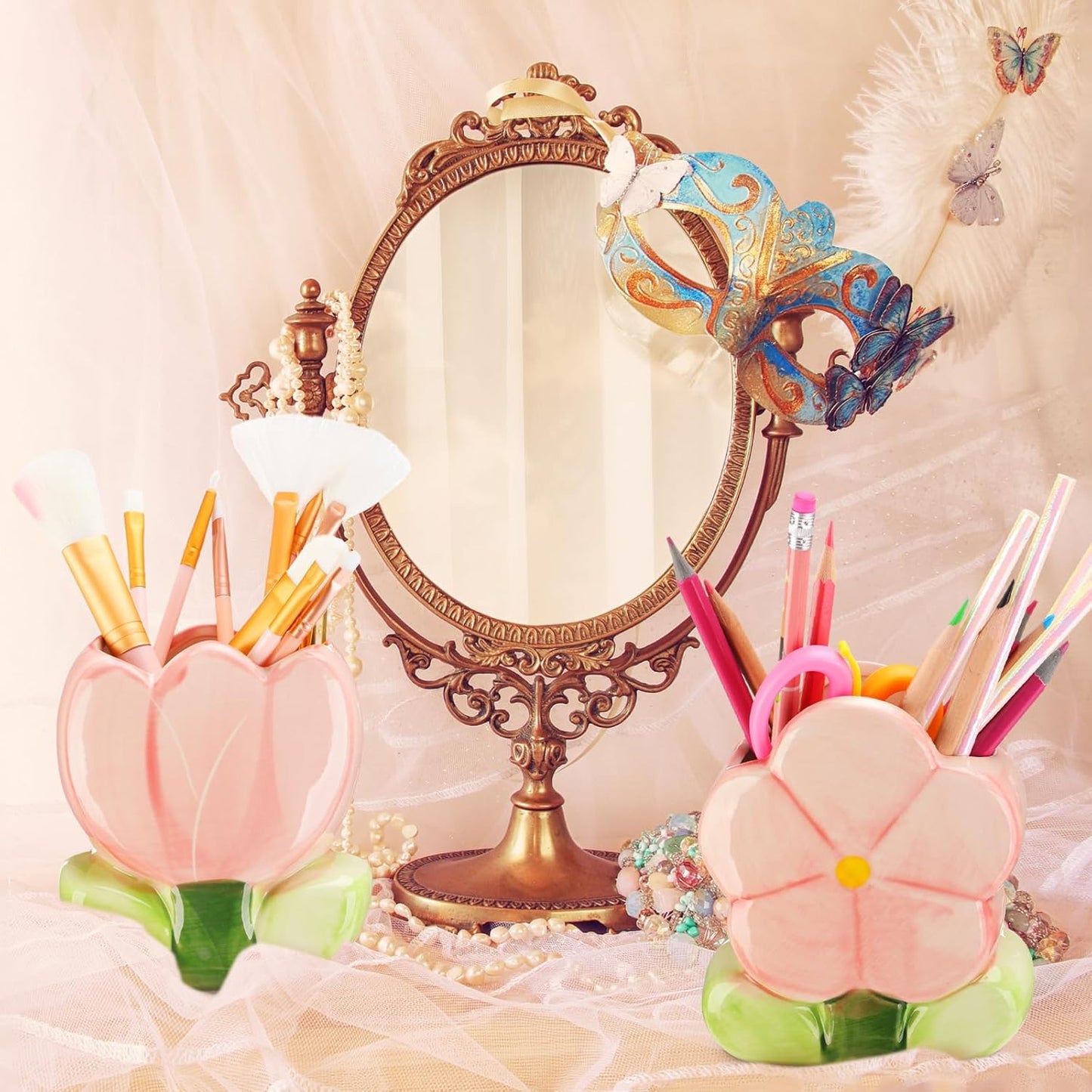 2 Pcs Pink Flower Ceramic Pen Holder Cute Tulip Pencil Holder Aesthetic Flower Makeup Brush Vase Decorative Desktop Organizer Birthday Gift for Women Office Home Wedding Party Decor